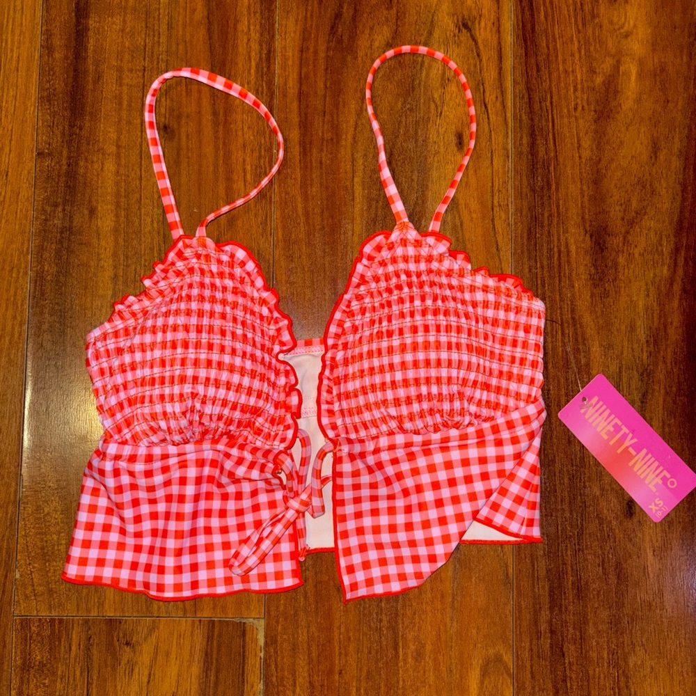 Red & Pink Gingham Ruffle Trim Swim Top